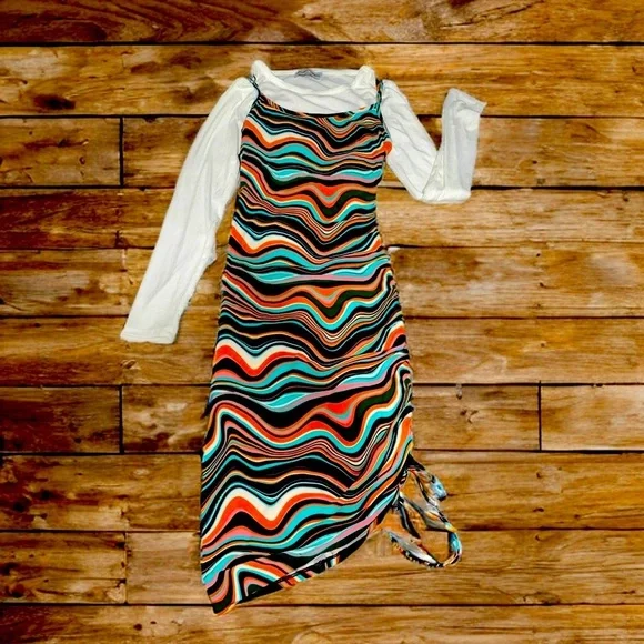 Y2K Swirl Print Ruched Midi Dress Asymmetrical Hem Retro - Picture 2 of 7